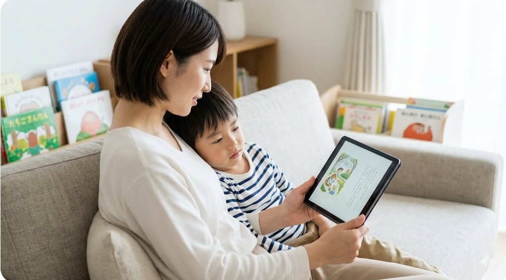 タブレットを使ってデジタル絵本を親子で読む様子