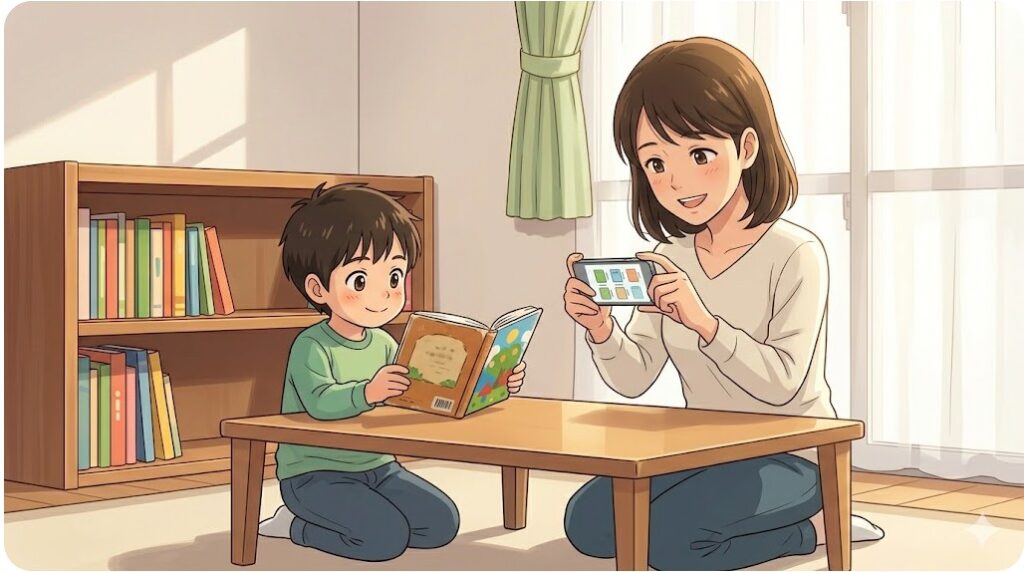 スマートフォンのカメラを使って、絵本の表紙をデジタル保存している母親。