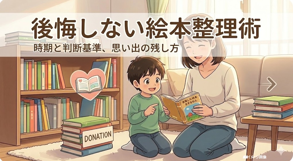 絵本整理術をテーマにしたアイキャッチ画像。笑顔の日本人親子が、思い出を大切にしながら絵本を整理している。