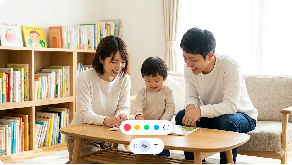 家族で仲良くソファに座り絵本を読み聞かせしている風景