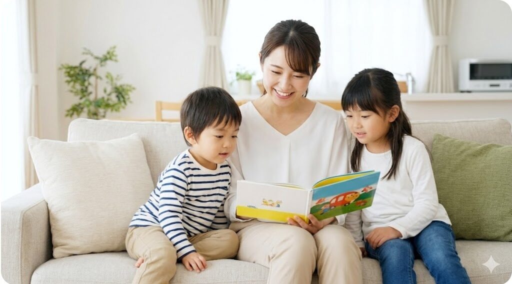 ソファで仲良く並んで絵本を読む日本人の親子