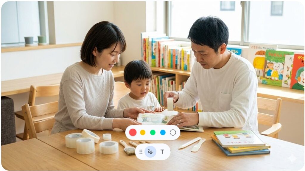 自宅で子供のために絵本の背表紙をテープで直す父親