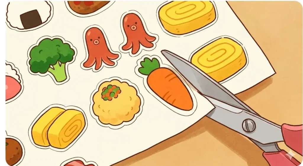 100均のプリントフェルトに描かれたおかずのイラストをハサミで切り抜く様子。