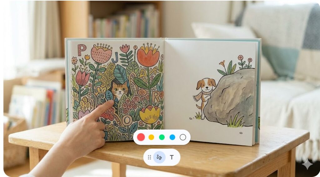 絵本『ねこいる!』の開いたページに、猫たちに紛れて隠れている小さないぬを指さして発見した、子供の指先の様子。