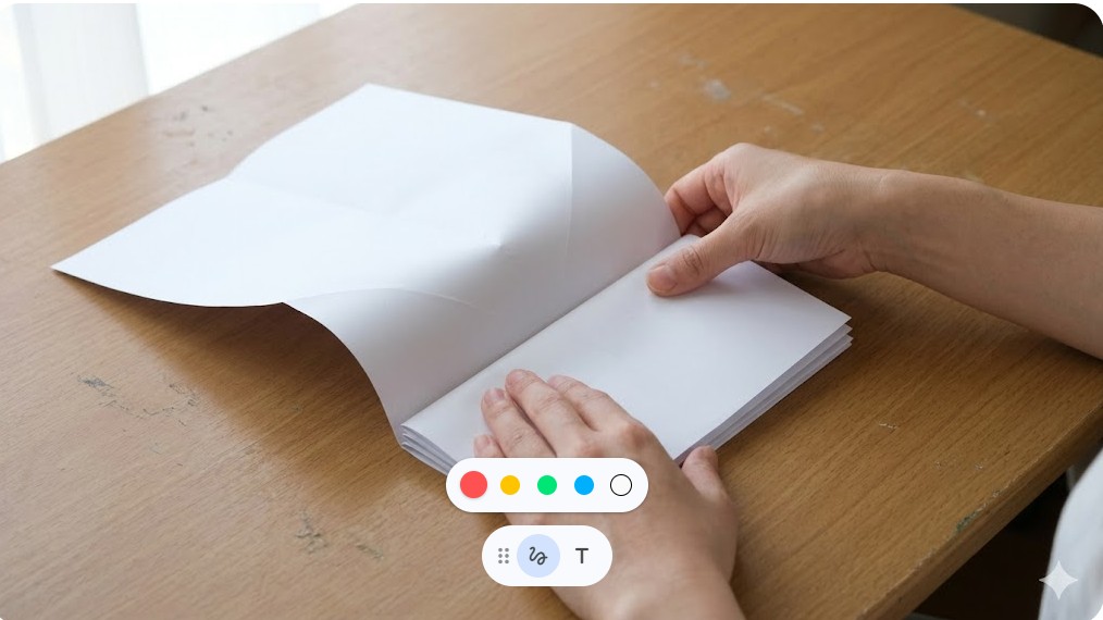 1枚の白い紙を折り畳み、ハサミを使って8ページのダミー本を作る過程