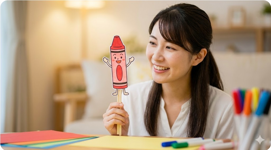 赤いクレヨンの手作りペープサートを笑顔で見つめる女性のイメージ画像