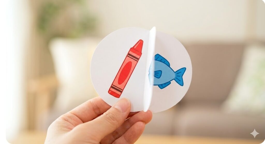 完成したクレヨンと魚のペープサートを手に持っている様子