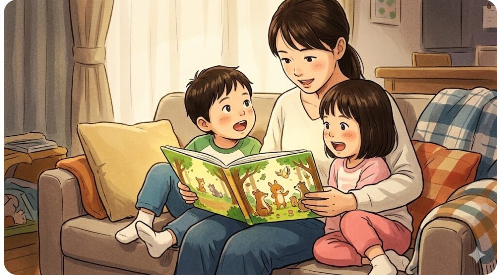 森の冒険物語に夢中になるお子さんたちのイラスト