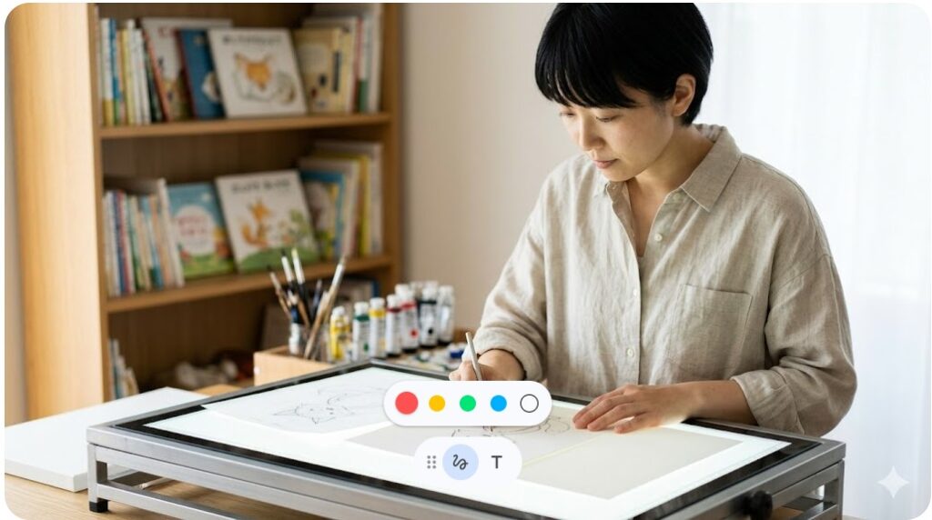 ライトテーブル（透写台）を使用してダミー本の下書きを本画用紙に写し取る様子
