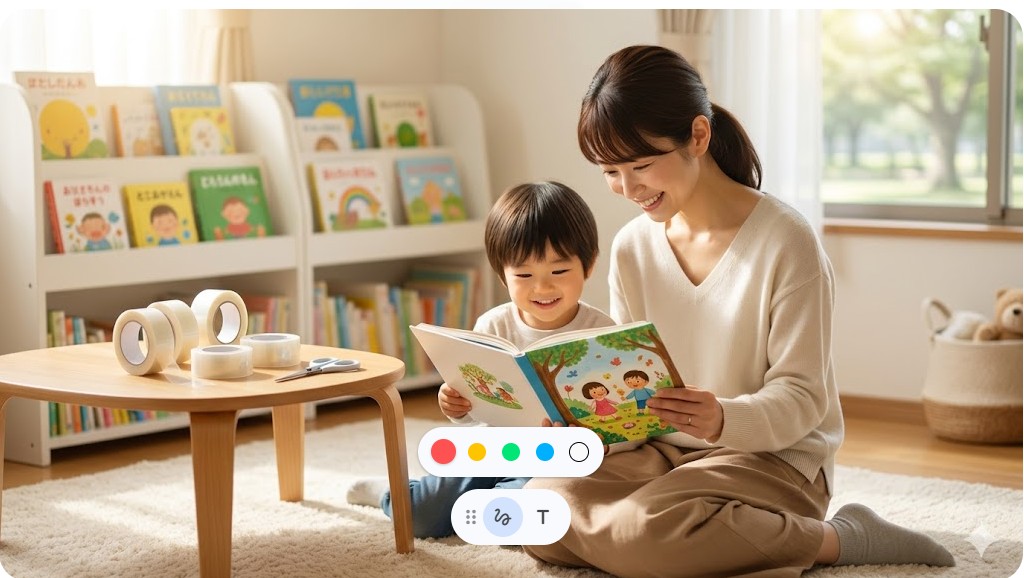 補修した絵本を嬉しそうに親子で読む笑顔の瞬間