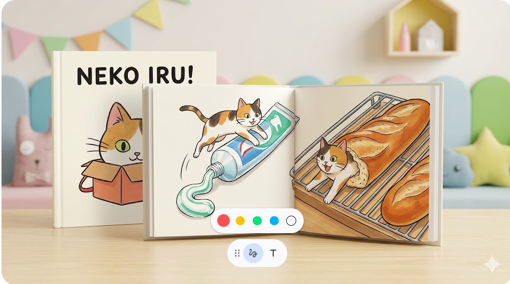 絵本『ねこいる! いる!』の開いたページに描かれた、歯磨き粉やフランスパンから無表情な猫が飛び出すシュールなイラスト。