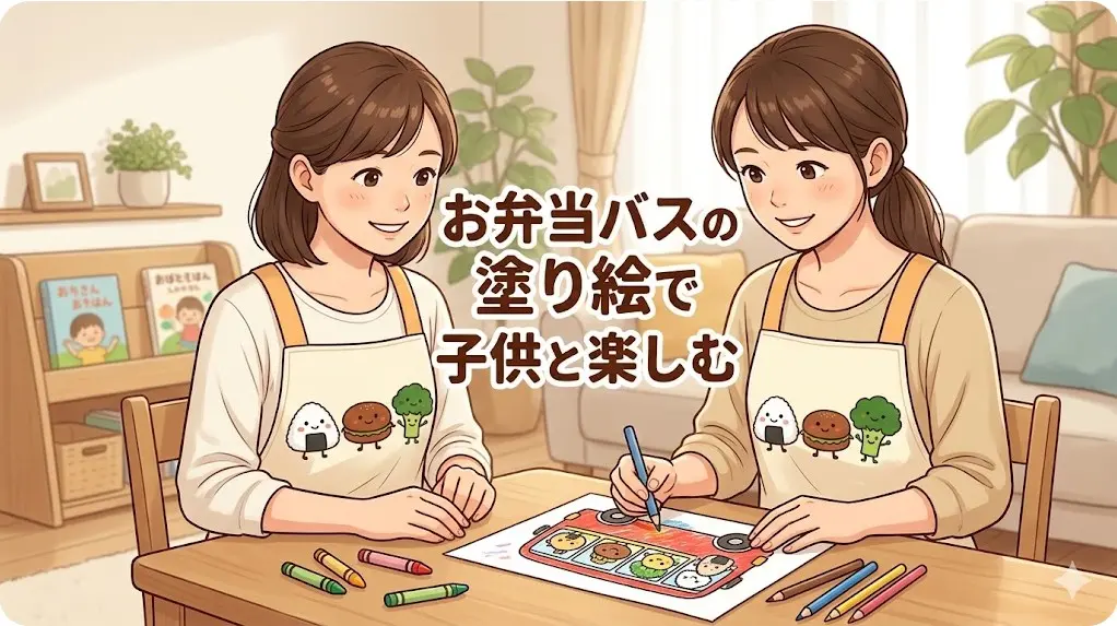 自宅リビングで日本人母娘が仲良くお弁当バスの塗り絵を楽しむ。無料で子育て応援。