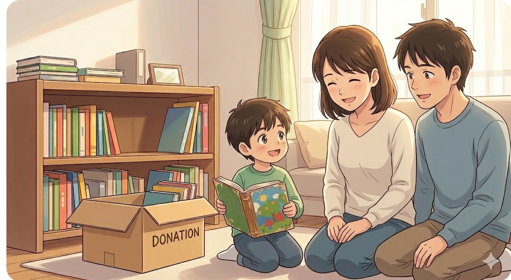 家族で絵本を整理しているイラスト。寄付用の段ボールに絵本を入れながら、笑顔で一冊の絵本を見つめる親子。