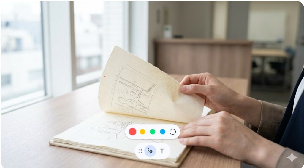 出版社への持ち込みを想定した、鉛筆描きで完成度の高い絵本のダミー本をめくる様子