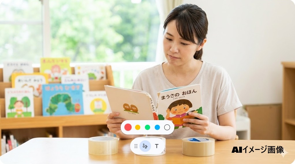 破れた絵本を前に、セリアやダイソーなどの補修テープを比較する女性