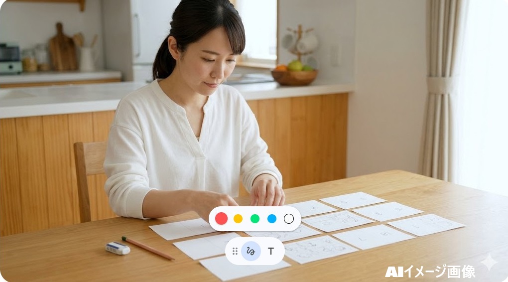 絵本の台割（構成案）をテーブルに並べて全体設計を確認する女性