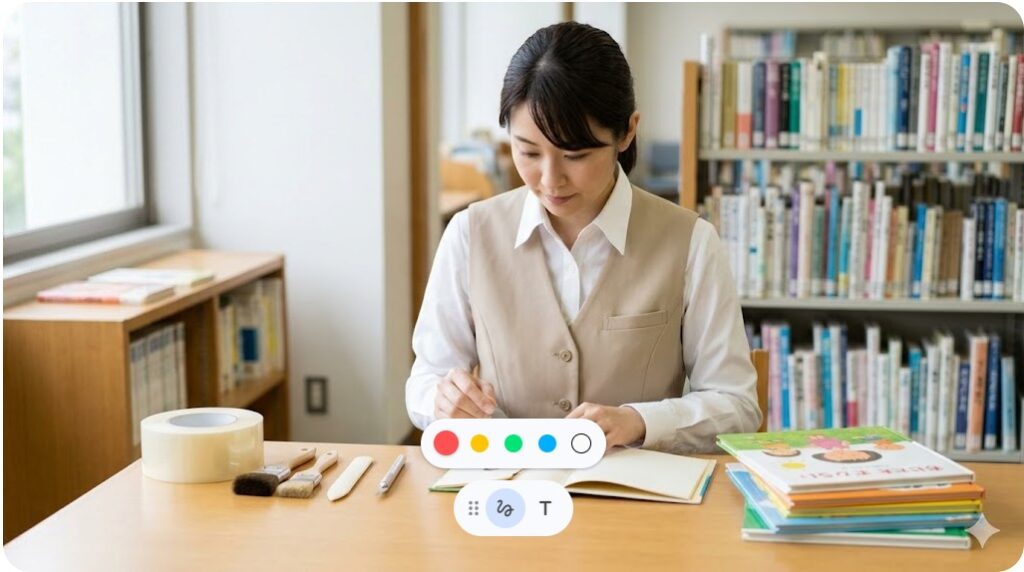 図書館でプロ仕様の道具を使い絵本を丁寧に修復する司書