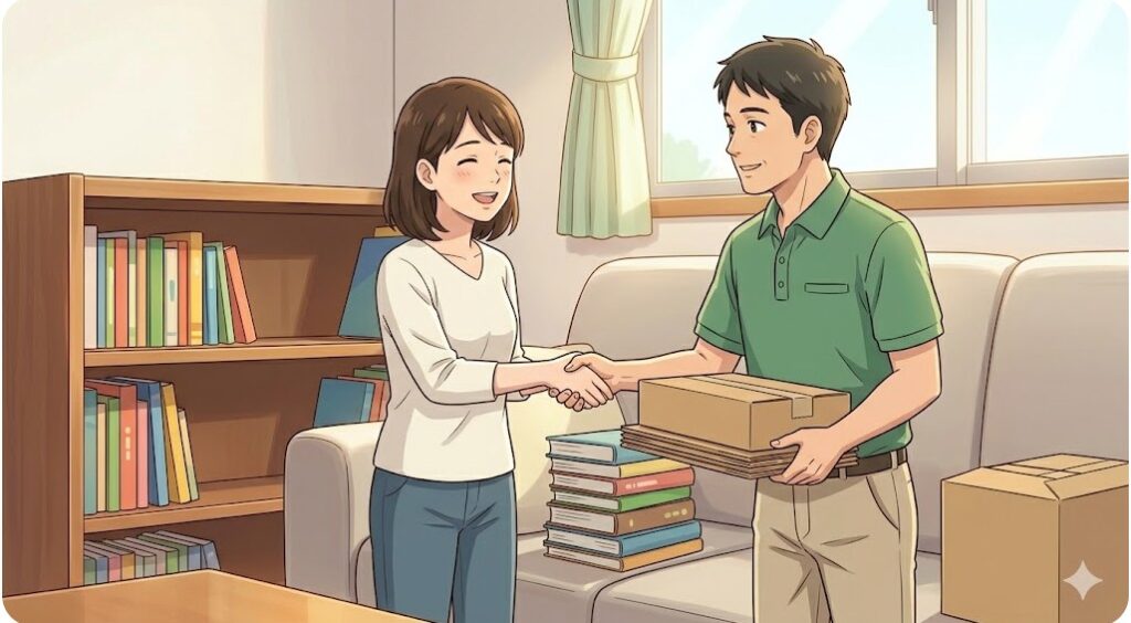 不用品回収のスタッフに絵本の入った段ボールを渡し、笑顔で握手を交わす女性。