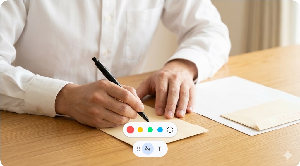 出版社へ送る絵本原稿の封筒に丁寧な字で宛名を書く日本人男性の手元
