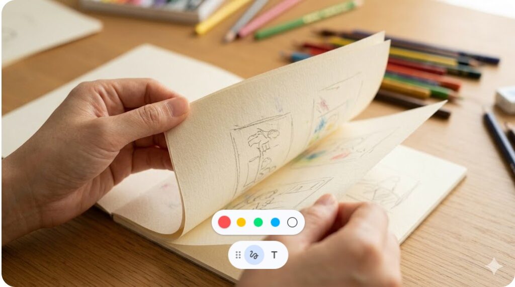 ノートに絵本のラフスケッチを描き込み、ページをめくる演出を考える様子