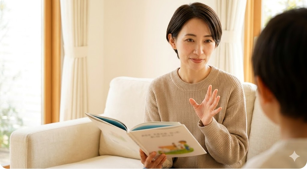 身振りを交えてお子さんに語りかける読み聞かせのテクニック