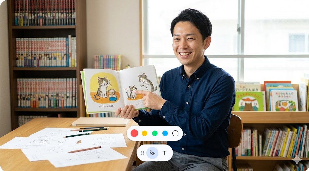 笑顔で自身の絵本を開き、お笑いのボケとツッコミのタイミングについて説明するたなかひかるさんの様子。