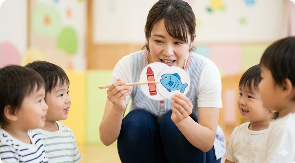 保育園で子供たちの前でペープサートをひっくり返して演じている保育士