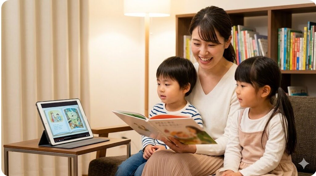 YouTubeの読み聞かせ動画を参考にしながら本を読む様子