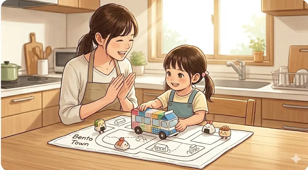完成したお弁当バスのおもちゃでマップの上を走らせて遊ぶ子ども