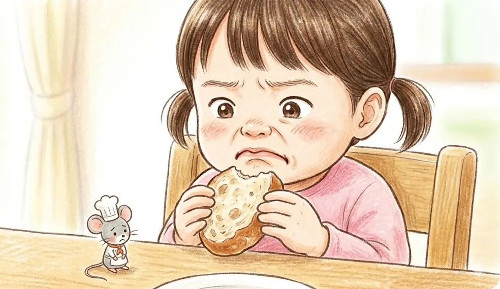パンを食べてまずそうな顔をする女の子とネズミのキャラクター