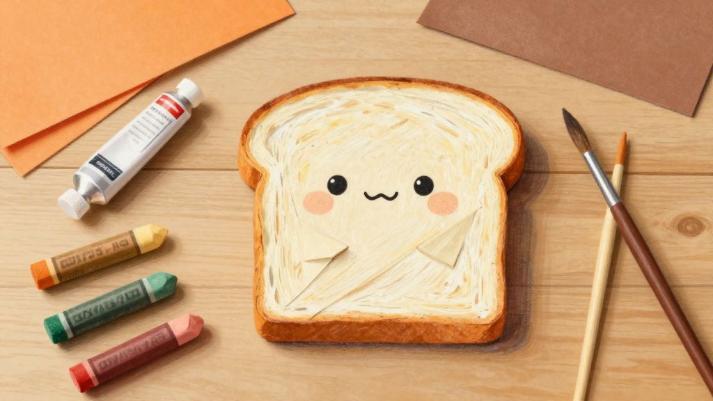 木目のテーブルの上に用意された茶色の折り紙や絵具、オイルパステルと、それらを使って仕上げたふっくらとした食パン形の可愛い折り紙作品