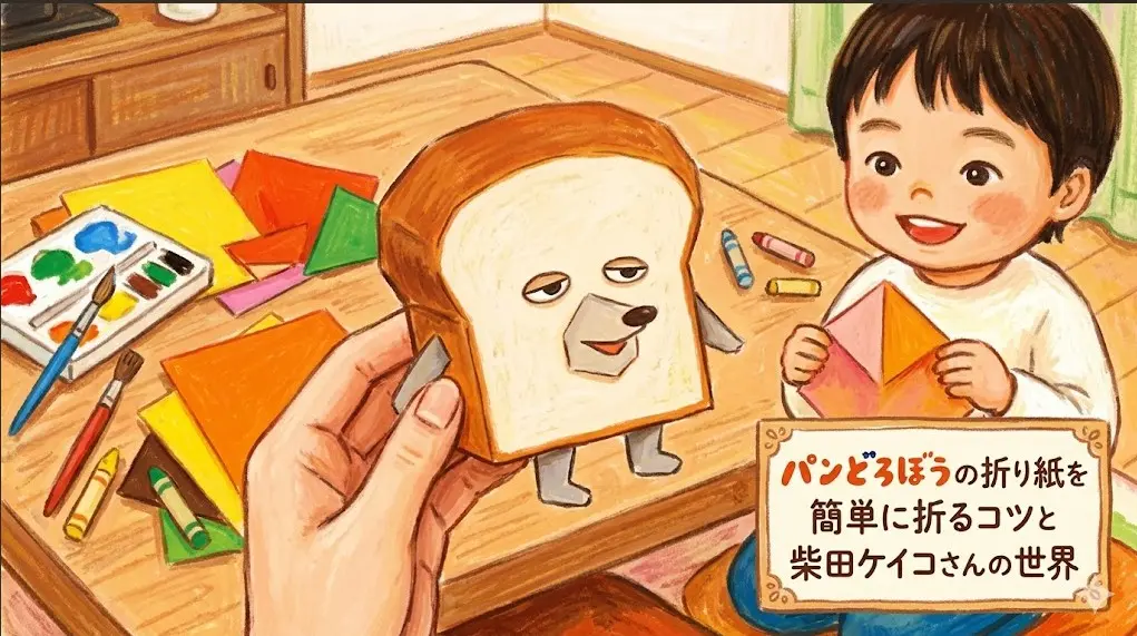 折り紙を手にする笑顔の男の子と、オイルパステルや絵具などの画材が置かれたテーブルの上で、手作りのパンどろぼうの折り紙作品を手に持っているイラスト。右下に「パンどろぼうの折り紙を簡単に折るコツと柴田ケイコさんの世界」というメッセージボードが描かれています