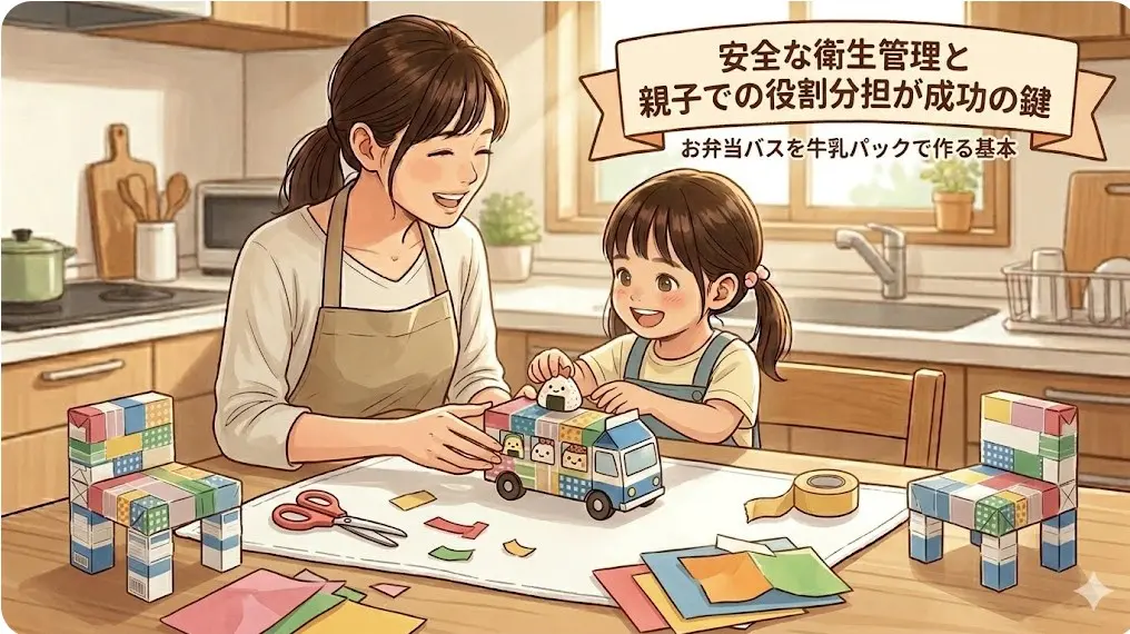 明るいキッチンで、日本の親子が協力してお弁当バスを牛乳パックで手作りする様子。安全な衛生管理と役割分担を表現。