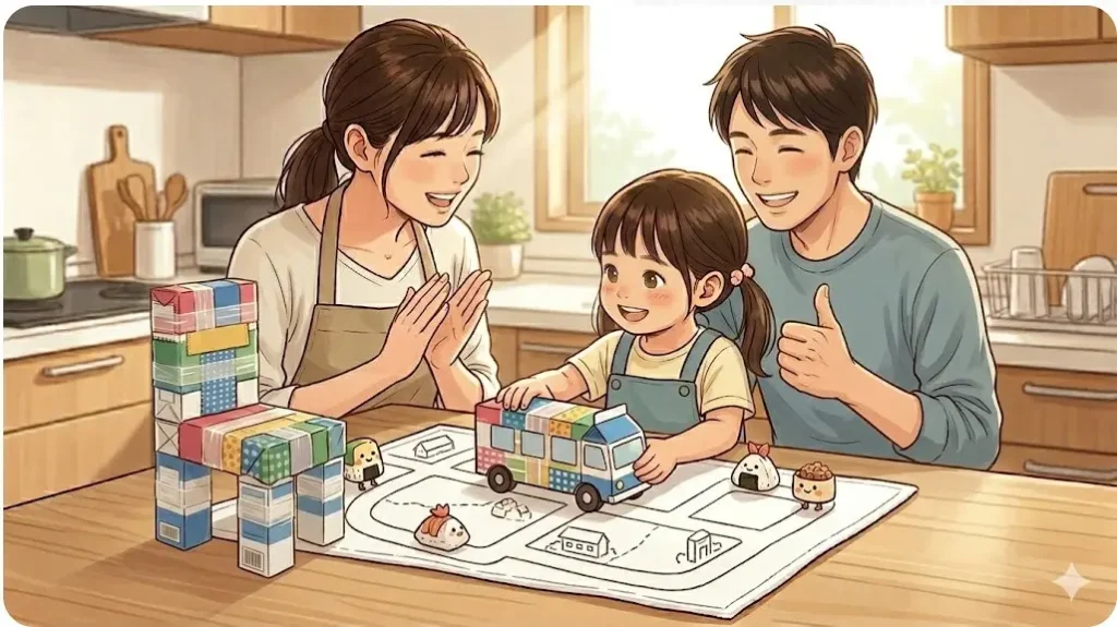 完成した牛乳パック工作を囲んで笑顔のパパさんとママさんと子ども