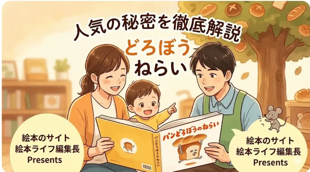 「人気の秘密を徹底解説」という文字と共に家族で絵本を楽しむ様子