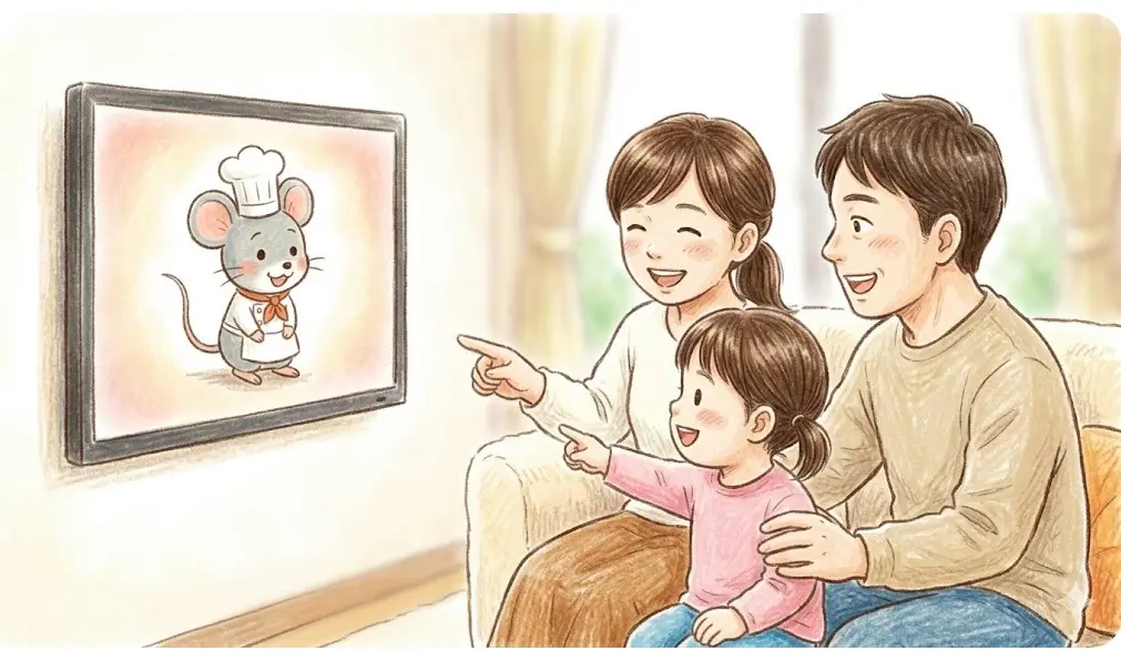 テレビでネズミのキャラクターのアニメを笑顔で見る家族
