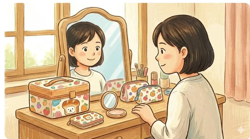 鏡台の前に座る日本人女性と、その横に置かれたパンどろぼうデザインのメイクポーチや小物のイラスト。