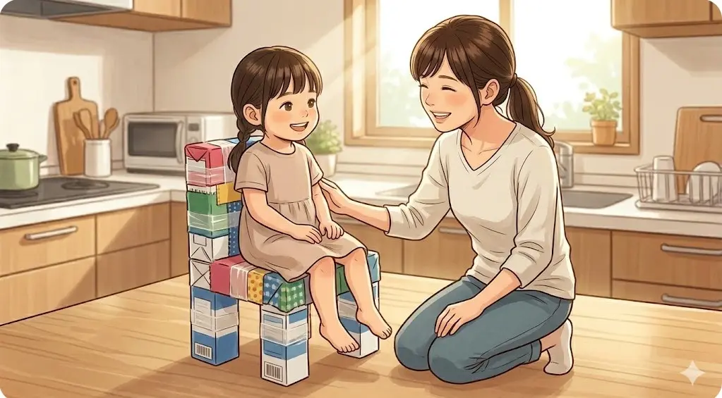 手作りの牛乳パック椅子に座って喜ぶ子ども