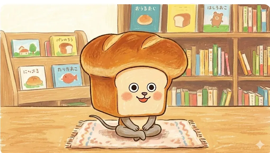 食パンの被り物をした正体のねずみが、マットの上でこちらを向いて座っているイラスト。