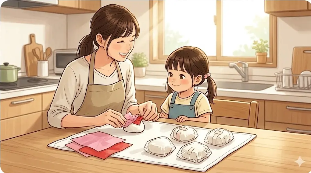 お花紙やラップを使ってお弁当バスの具材を楽しく作る様子