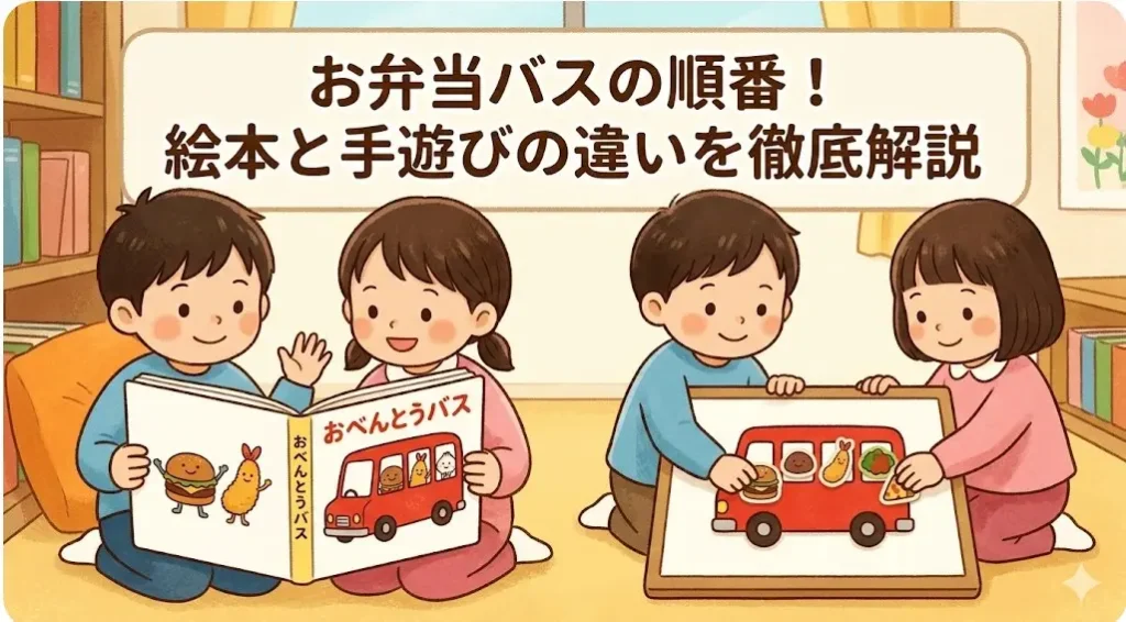 絵本と手遊び歌のお弁当バスの順番の違いを徹底解説するアイキャッチ。