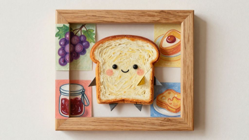 手作りの食パン形折り紙を中央に配置し、周りに葡萄やジャムなどの食べ物のイラストを添えて木製の額縁に綺麗に飾った壁掛けアート