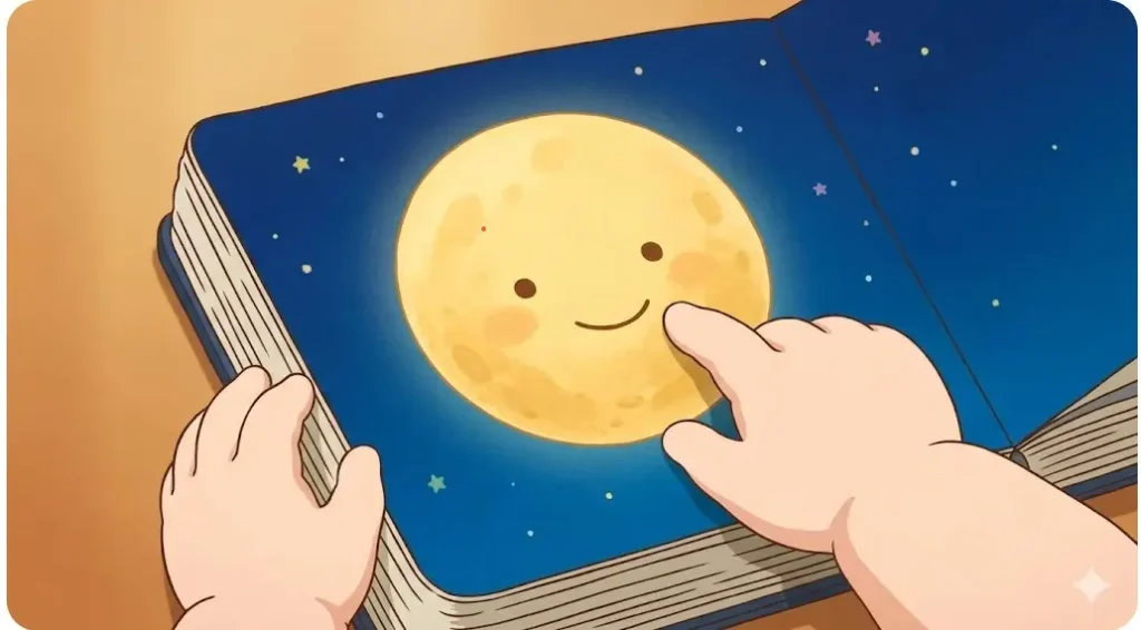 赤ちゃんの小さな手が、絵本「おつきさまこんばんは」に描かれた金色に輝くお月さまの顔に触れている様子。 