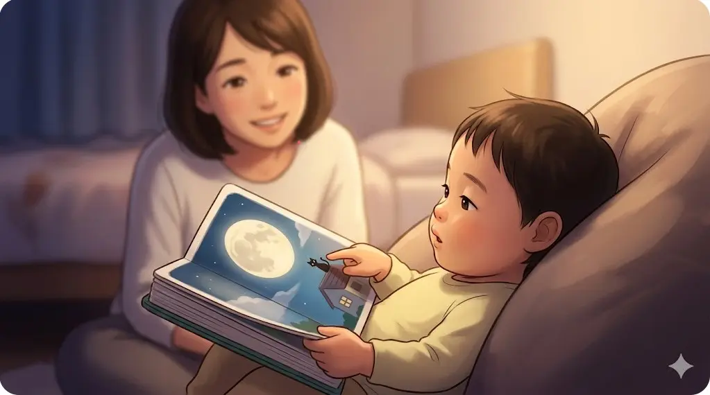 赤ちゃんが絵本の中のお月さまではなく、屋根の上の小さな黒猫のシルエットを夢中で指差しているイラスト。 