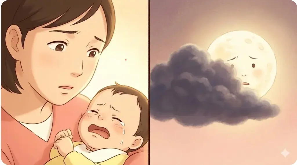 お月さまが雲に隠れるシーンを見て泣き出した赤ちゃんを、ママが優しく抱きしめてなだめている様子。 