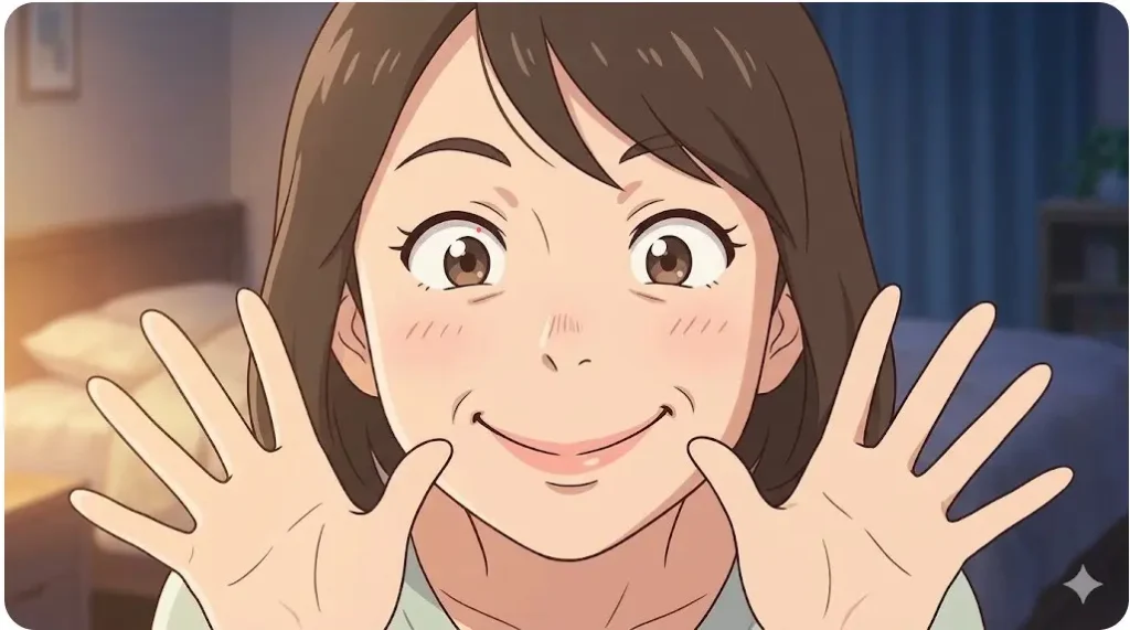 ママが顔や手を使ってオーバーに「あっかんべー」の表情を演じ、赤ちゃんを喜ばせている読み聞かせシーン。 
