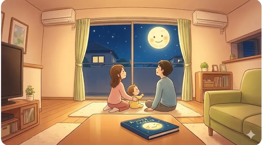 家族でリビングのラグに座り、大きな窓から見える夜空の微笑む満月を穏やかに眺めているイラスト。 