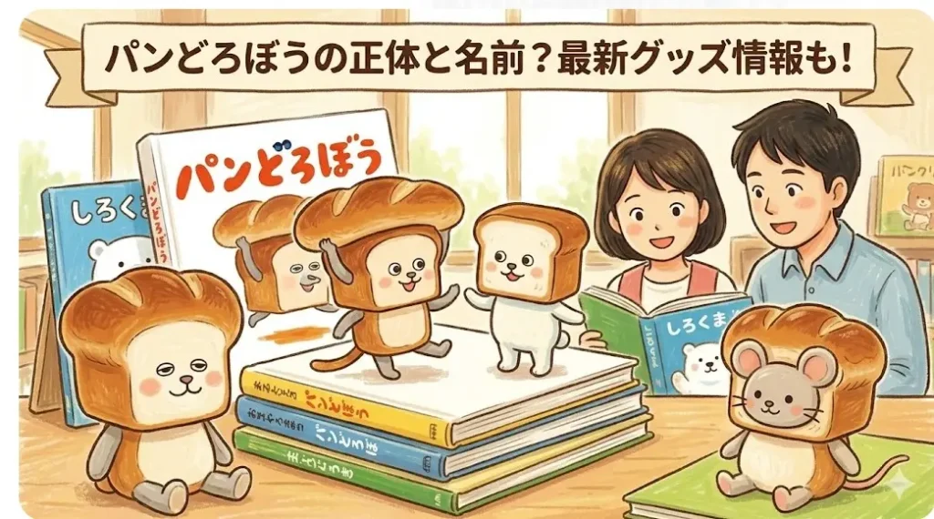 絵本「パンどろぼう」のキャラクター、グッズ、日本人男女が並び、上部に「パンどろぼうの正体と名前？最新グッズ情報も！」のメッセージ。