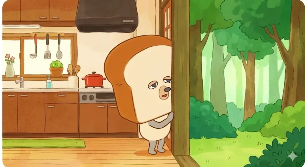 森のパン屋のキッチンからパンをかぶったキャラクターが顔を出すアニメーション風のイラスト