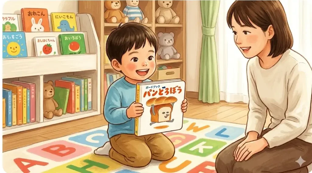 2026年発売予定の丈夫なボードブック版パンどろぼうを手に取る子供と母親のイラスト